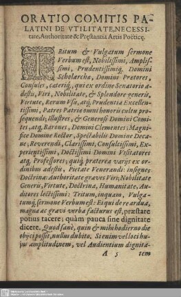 Oratio Comitis Palatini De Utilitate, Necessitate, Authoritate & Pr[a]estantia Artis Poetice