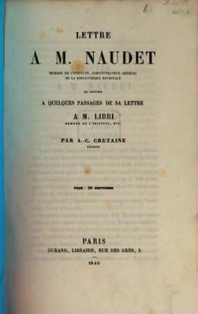 Lettre à M. Naudet: en réponse à quelques passages de sa lettre à M. Libri
