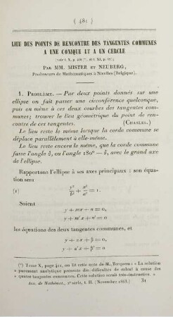 Lieu des points de rencontre des tangentes communes a une conique et a un cercle.