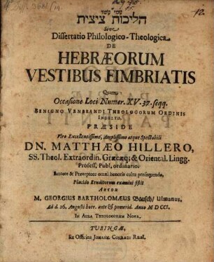 Dissertatio philologico-theologica de Hebraeorum vestibus fimbriatis