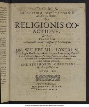 Exercitium Disputatorium Academicum, De Religionis Coactione