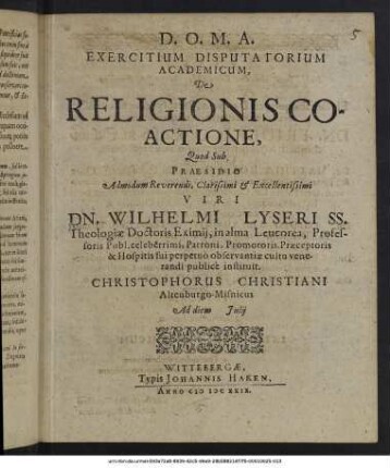 Exercitium Disputatorium Academicum, De Religionis Coactione