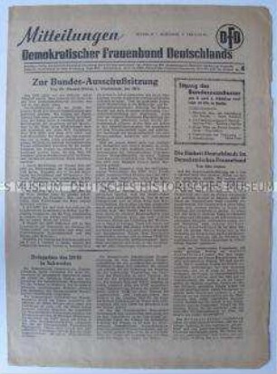 Mitteilungsblatt des Demokratischen Frauenbundes u.a. zur Bundes-Ausschusssetzung des DFD