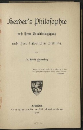 Herders Philosophie nach ihren Entwicklungsgang u. ihrer heitwischen Stellung