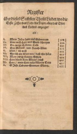 Register über dieses Sechsten Theils Lieder ...