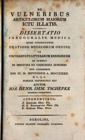 De vulneribus articulorum maiorum ictu illatis : diss. inaug. med.