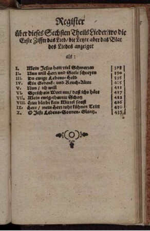 Register über dieses Sechsten Theils Lieder/ wo die erste Ziffer das Lied/ die letzte aber das Blatt des Liedes anzeiget