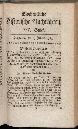 XXV. Stück. Bayreuth, den 17 Junius 1767.
