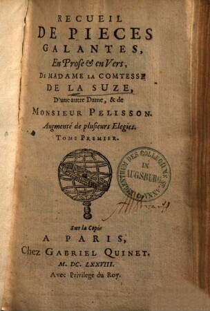 Recueil de pièces galantes, en prose et en vers : augm. de plusiers élégies