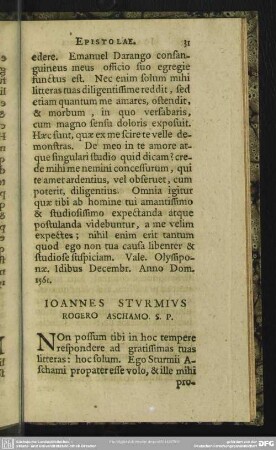 Ioannes Sturmius Rogero Aschamo. S. P.