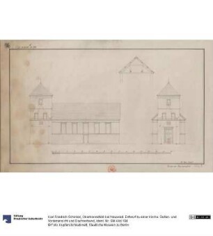 Oberhonnefeld bei Neuwied. Entwurf zu einer Kirche. Seiten- und Vorderansicht und Dachverband