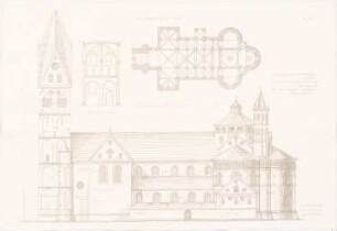 St. Aposteln, Köln: Ansicht, Grundriss, Detail (aus: Altchristl. u. roman. Baukunst, hrsg. v. Zeichenaussch. d. Stud. d. TH Berlin, 1875)