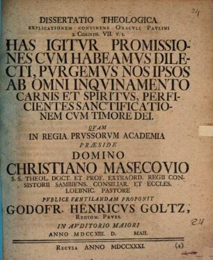 Diss. theol. explicationem continens oraculi Paulini 2 Cor. VII, 1