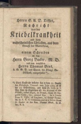 Nachricht von der Kriebelkrankheit und ihren wahrscheinlichen Ursachen, aus dem Genusse des Mutterkorns