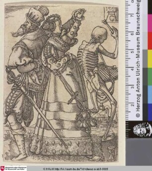 [Death-Dance; Totentanz: Tanzendes Paar mit Xylophon-spielendem Skelett]