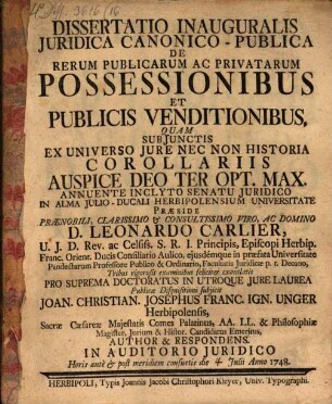Diss. inaug. iur. canonico-publ. de rerum publicarum ac privatarum possessionibus et publicis venditionibus