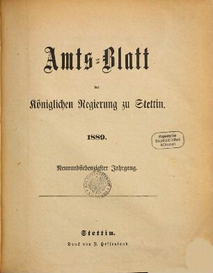 Amtsblatt der Regierung in Stettin. 1889 = Jg. 79