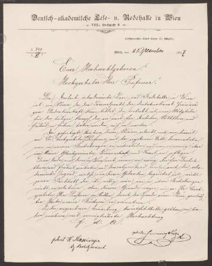 Felix Dahn (1834 - 1912) Nachlass: Brief der Deutsch-Akademische Lese- und Redehalle in Wien an Felix Dahn - BSB Ana 580 Deutsch-Akademische Lese- und Redehalle in Wien