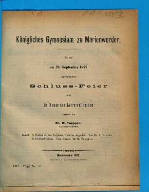 Zu der am ... stattfindenden Schluß-Feier ladet im Namen des Lehrer-Collegiums ehrerbietigst ein. 1876/77