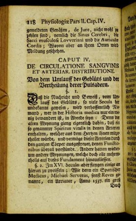 Caput IV. De circulatione sanguinis et arteriar. distributione. Von dem Umlauff des Geblüts und der Vertheilung derer Pulsadern.