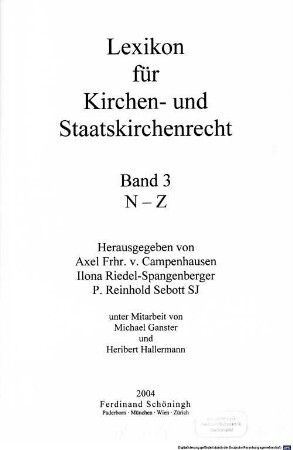 Lexikon für Kirchen- und Staatskirchenrecht, Band 3. N - Z