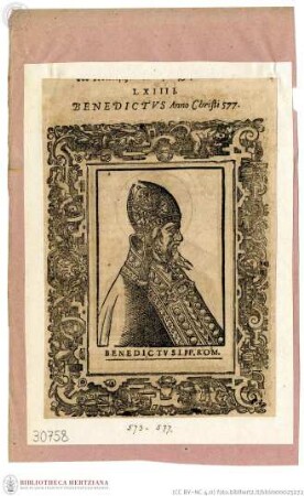 Frenzel, Römische Kirchen-Historien (...) . Teil I. [Leipzig]: Groß, 1600., Benedictus I., Papst, Porträt