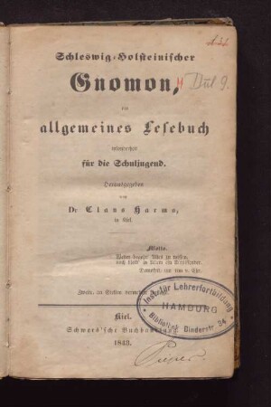 Schleswig-Holsteinischer Gnomon, ein allgemeines Lesebuch insonderheit für die Schuljugend