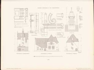 Gemeindeschule in der Glogauer Straße, Berlin: Rückansicht, Seitenansichten, Details (aus: Neubauten der Stadt Berlin, Bd. II, 1903)