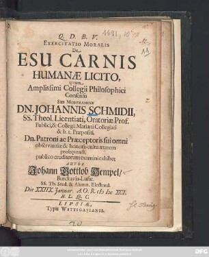 Exercitatio Moralis De Esu Carnis Humanae Licito