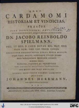 Cardamomi Historiam Et Vindicias