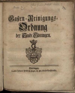 Gaßen-Reinigungs-Ordnung der Stadt Göttingen