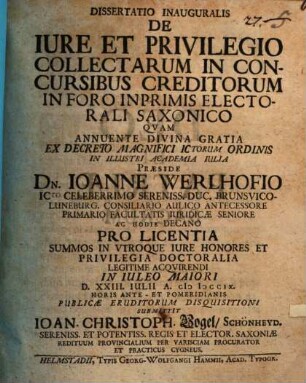 Dissertatio inauguralis de iure et privilegio collectarum in concursibus creditorum in foro inprimis electorali Saxonico