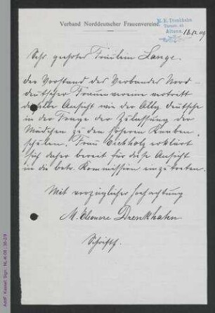 Antwortschreiben von M. Eleonore Drenkhahn auf Rundschreiben von Helene Lange vom 25. November