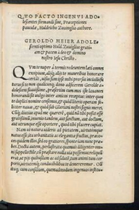 Quo Pacto Ingenui Adolescentes formandi sint, Praeceptiones pauculae, Huldricho Zwinglio authore.