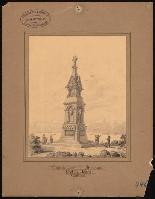Gefallenendenkmal, Stralsund Monatskonkurrenz Februar 1885 (vielleicht die Originalzeichnung): Perspektivische Ansicht einer Variante