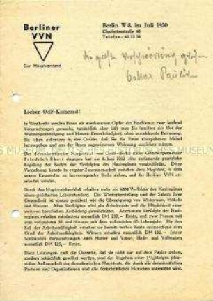 Rundschreiben der Berliner VVN zur gesetzlichen Regelung der Rechte der Verfolgten des NS-Regimes