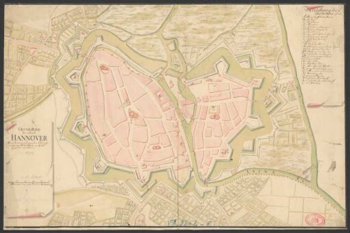 Grund-Riss der Stadt Hannover und deren umliegenden Fortifications-Wercken auch die Gegend umbher