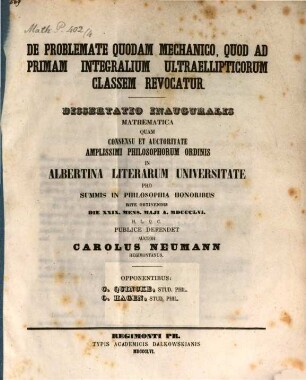 De problemate quodam mechanico, quod ad primam integralium ultraellipticorum classem revocatur : Dissertatio inauguralis