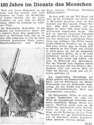 Bad Lausick-Ballendorf. Bockmühle, Artikel, aus: Leipziger Volkszeitung vom 3.1.1954