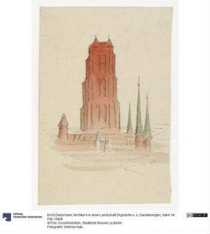 Kirchturm in einer Landschaft (Figürliche Darstellungen)