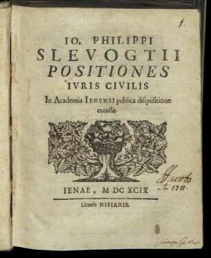 Jo. Philippi Slevogtii Positiones Iuris Civilis In Academia Ienensi publica disquisitione excussae
