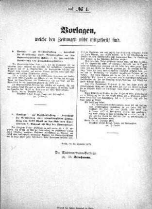 Vorlagen, welche den Zeitungen nicht mitgetheilt sind