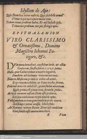 Epithalamion Viro Clarissimo [et] Ornatißimo, Domino Magistro Johanni Botigero, [et]c