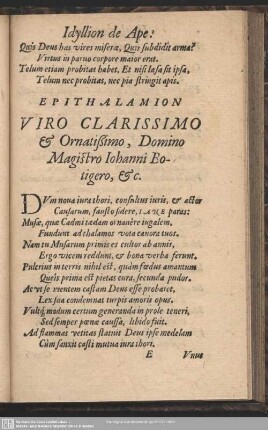 Epithalamion Viro Clarissimo [et] Ornatißimo, Domino Magistro Johanni Botigero, [et]c