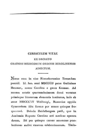 Currriculum Vitae Ex Decreto Gratiosi Medicorum Ordinis Berolinensis Adiectum.