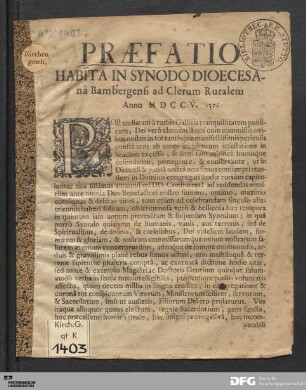 Præfatio Habita In Synodo Dioecesana Bambergensi ad Clerum Ruralem : Anno MDCCV.