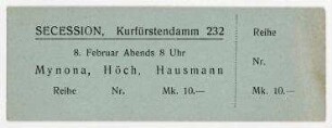 Eintrittskarte für den Grotesken-Abend von Mynona, Hannah Höch und Raoul Hausmann. Berlin