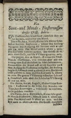 Von Sonn- und Monds-Finsternussen dieses 1718. Jahrs