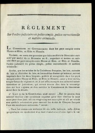 Réglement Sur l'ordre judiciaire en police simple, police correctionelle et matière criminelle