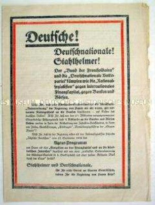 Propagandaschrift mit dem Aufruf an die Mitglieder und Anhänger der DNVP und des Stahlhelm, bei der Reichstagswahl im November 1932 für die NSDAP zu stimmen